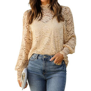 Womens  Lace Tops Long Sleeve Mock Neck Casual Elegant Blouses Shirts